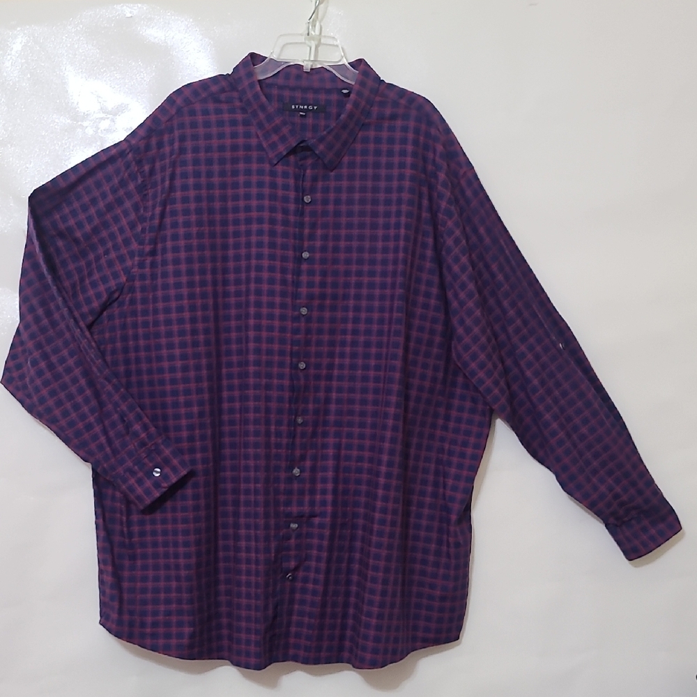 Synrgy Men's Navy and Red Plaid Shirt Long Roll Tab Sleeve - Size 4XLT